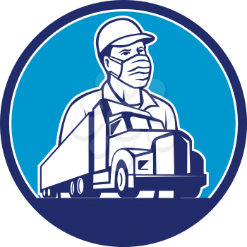 Mascot icon illustration of a truck driver wearing surgical mask with semi truck and trailer transport set inside circle viewed from front low angle on isolated background in retro style.