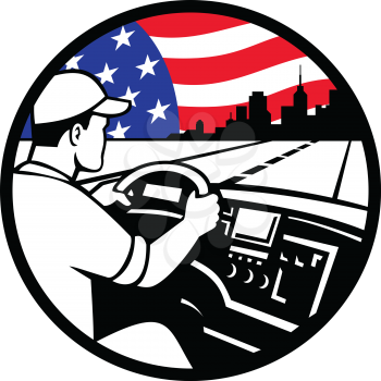 Mascot icon illustration of an American trucker or truck driver driving on highway toward city with semi-truck and USA stars and stars flag set inside circle on isolated background in retro style.