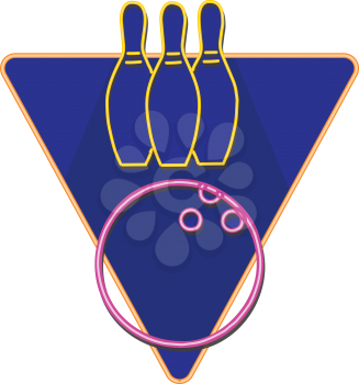 Retro style illustration showing a 1990s neon sign light signage lighting of a bowling ball hitting strike on ten pin set inside triangle on isolated background.