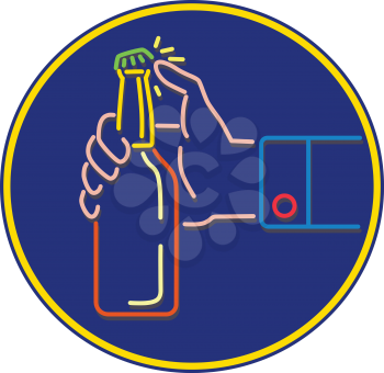 Mono line illustration of male hand opening cap of a beer bottle by flicking with thumb set inside blue circle done in monoline style.