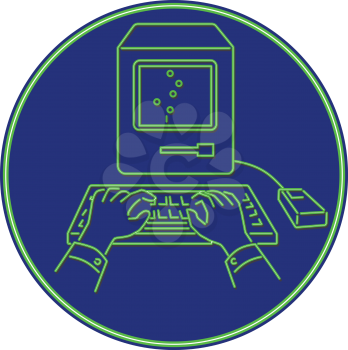 Retro style illustration showing a 1990s neon sign light signage lighting of a hand typing on keyboard of a vintage personal computer set in blue oval shape on isolated background.