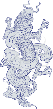 Tattoo drawing sketch style illustration of a koi carp fish transforming into a mythical dragon on isolated white background.