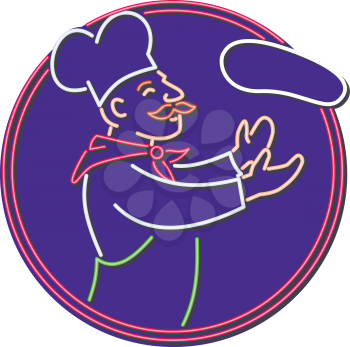 Retro style illustration showing a 1990s neon sign light signage lighting of a baker, cook or pizza chef tossing dough in circle on isolated background.