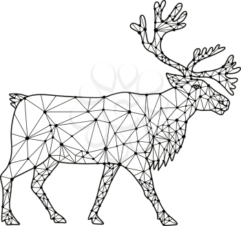 Nodes or mosaic low polygon style illustration of a reindeer or caribou in North America, a species of deer with circumpolar distribution, native to Arctic, northern Europe, Siberia viewed from side on isolated white background in black and white.