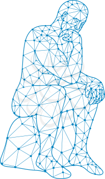 Nodes or mosaic low polygon style illustration of a future man sitting thinking on isolated white background in black and white.