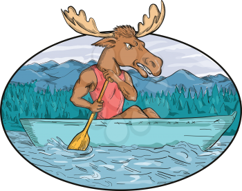Cartoon style hand-drawn drawing illustration of a moose with paddle paddling a Canadian canoe in river or lake with mountains and trees in background set inside oval.