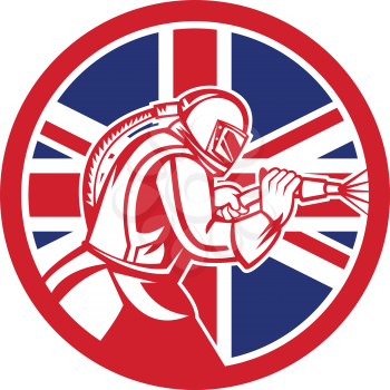 Mascot icon illustration of a British sandblaster or sand blaster abrasive blasting viewed from side set inside circle with Union Jack flag on isolated background in retro style.