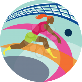 Icon retro style illustration of a female volleyball player passing ball with net in background set inside circle  on isolated background.