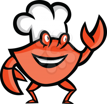 Mascot icon illustration of a Cajun crab wearing a chef, baker or cook hat waving hello viewed from front on isolated background in retro style.