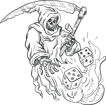 Drawing sketch style illustration of the Grim Reaper with a scythe throwing rolling the dice on isolated white background done in black and white.