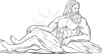 Drawing sketch style illustration of Heracles, a Greek hero and god, reclining, sitting or resting looking to side viewed from side on isolated white background done in black and white.