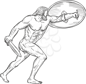 Drawing sketch style illustration of Hercules, a Roman hero and god equivalent to Greek divine hero Heracles, shielding with shield and carrying a sword on isolated white background in  black and white.
