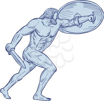 Drawing sketch style illustration of Hercules, a Roman hero and god equivalent to Greek divine hero Heracles, shielding with shield and carrying a sword on isolated white background.