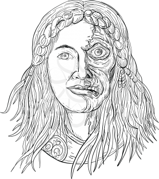 Drawing sketch style illustration of  face of Norse goddess, Hel with face half skeleton and half flesh with  gloomy, downcast appearance viewed from front on isolated white background in black and white.