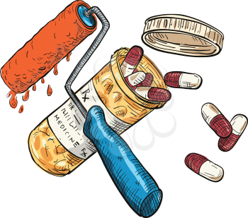 Drawing sketch style illustration of concept of paint doctor shown as a crossed paint roller and medicine or pill capsule container bottle on isolated white background in full color.
