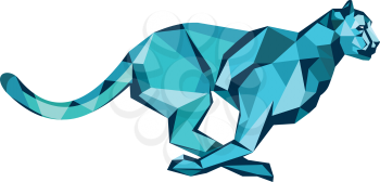 Low polygon style illustration of a cheetah in the hunt at full speed running viewed from side on isolated background.