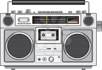 Retro style illustration of a retro vintage portable radio cassette recorder player viewed from front on isolated white background.