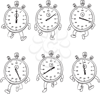 Drawing sketch style illustration of a sequence or run cycle of a stopwatch cartoon character with legs running viewed from front on isolated background.