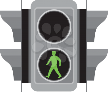 Retro style illustration of a traffic signal light with green man walking for pedestrian crossing on isolated white background.
