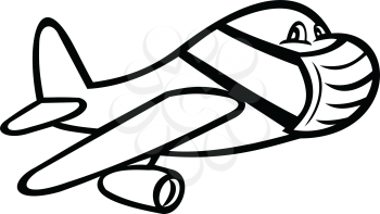 Cartoon style illustration of a jet plane or airplane wearing surgical mask, flying in full flight on isolated white background done in balck and white.