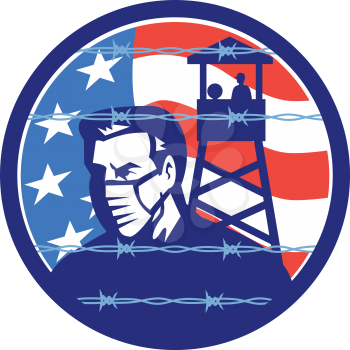 Mascot icon illustration of a concept on America in lockdown due to pandemic showing wearing mask in quarantine isolation during epidemic shutdown with barbed wire fence with USA flag in retro style.
