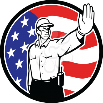 Icon retro style illustration of an American border security patrol officer wearing face mask putting hand out to stop entry set in circle with USA stars and stripes flag on isolated white background.