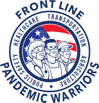 Mascot icon illustration of American front line pandemic warriors like the medical professional, nurse, doctor, healthcare  or essential worker wearing surgical mask with USA flag done in retro style.