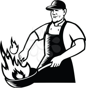 Black and White illustration of a cook or chef cooking with flaming pan or wok viewed from front on isolated background in retro style.