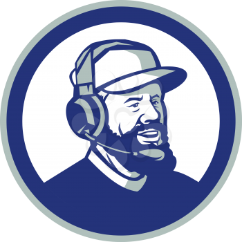 Mascot icon illustration of head of a coach with beard, baseball cap and wearing headphones or headset looking forward to side set inside circle on isolated white background in retro style.