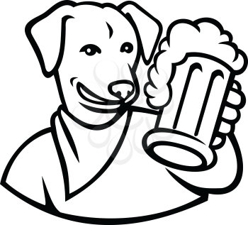 Sports mascot icon illustration of an English Lab or Labrador dog holding a beer mug toasting viewed from front on isolated background in Black and White retro style.