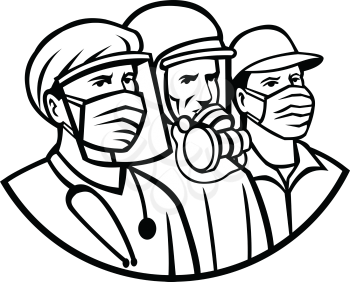 Mascot icon illustration of medical professional, nurse, doctor, healthcare, soldier or essential worker wearing surgical mask as heroes in black and white retro style.