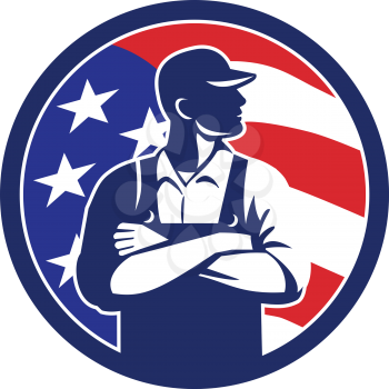 Illustration of an American organic farmer wearing hat and overalls arms folded looking to the side with USA stars and stripes flag set inside circle done in retro style. 
