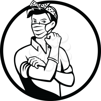 Mascot icon illustration of American Rosie the riveter as medical healthcare essential worker wearing a surgical mask flexing muscle set in circle done in black and white retro style.