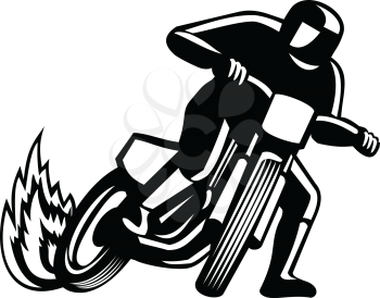  Black and White illustration of a motorcycle rider riding bike, flat track racing or dirt track racing viewed from front on isolated background in retro style.