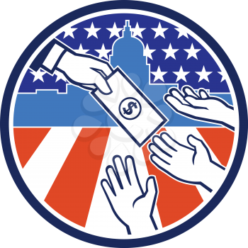 Icon retro style illustration of the American government stimulus or economic impact payment showing a hand giving money to recipient with the United States Capitol building and flag inside circle.