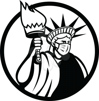 Black and White illustration of American lady liberty wearing a surgical mask to prevent from infection and holding up a flaming torch viewed from side in circle isolated background done in retro style.