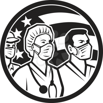 Icon retro style illustration of American healthcare provider, medical care worker, nurse or doctor as heroes wearing surgical mask with United States of America flag done in black and white.
