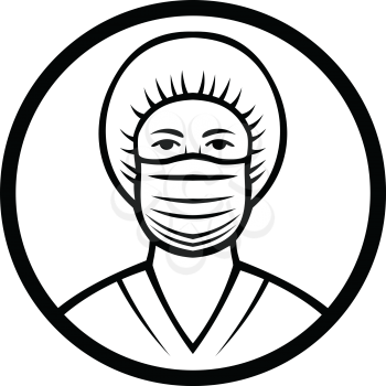 Black and White llustration of bust of a medical professional, nurse, doctor, healthcare or essential worker wearing a surgical face mask and bouffant nurse cap front view set in circle done retro style.