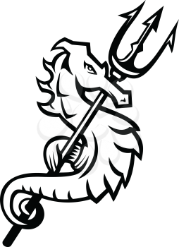 Mascot icon illustration of a seahorse, a small marine fish, holding a trident viewed from side on isolated background in Black and White retro style.