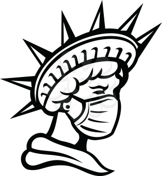 Mascot icon illustration of head of Liberty or Libertas, the iconic American symbol of justice and freedom wearing surgical mask to protect health from pandemic done in black and white in retro style.