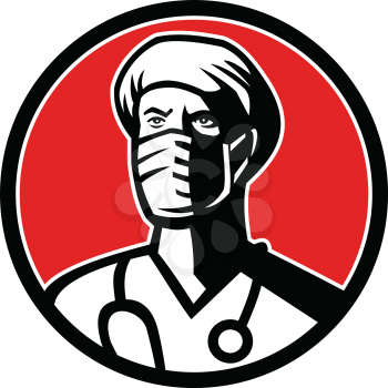 Mascot icon illustration of head a surgeon, medical professional, nurse, doctor, healthcare or essential worker wearing surgical face mask set inside circle on isolated background in retro style.