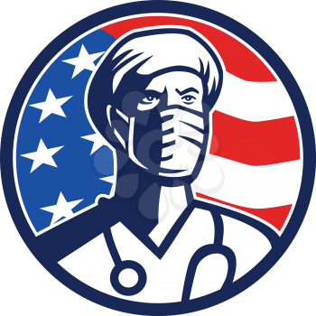 Mascot icon illustration of an American doctor, surgeon, medical professional, nurse, healthcare or essential worker wearing surgical mask USA stars and stripes flag set inside circle in retro style.