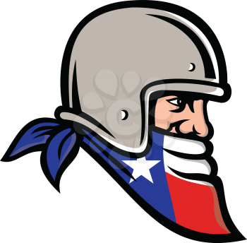 Mascot icon illustration of head of a Texan bandit, outlaw biker wearing bandana or bandanna and motorbike helmet with Texas Lone Star flag viewed from side on isolated background in retro style.
