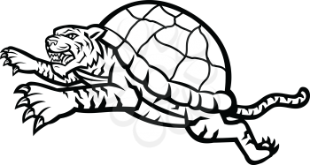 Mascot icon illustration of head of a Turtle Tiger, a tiger that is half turtle with shell leaping jumping  viewed from side on isolated background in Black and White retro style.
