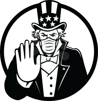 Black and White illustration of American Uncle Sam, national personification of US government, wearing a surgical mask, saying stop spread of virus by  hand signal on isolated background in retro style.