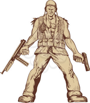 Drawing sketch style illustration of a World War Two American GI Soldier with Thompson submachine gun n rifle and .45 calibre pistol standing viewed from front  on isolated white background.