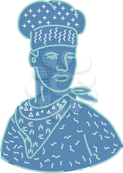 1980s Memphis style design illustration of a chef, cook or baker wearing a scarf or bandana looking to side on isolated background.