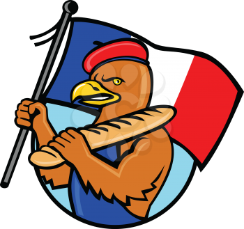 Cartoon style illustration of a French eagle holding a flag of France and baguette bread set inside circle of isolated background.