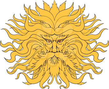 Drawing sketch style illustration of Helios, the god and personification of the Sun in Greek mythology or Sol in Roman myth, with hair like fiery rays of the sun on isolated background in color.