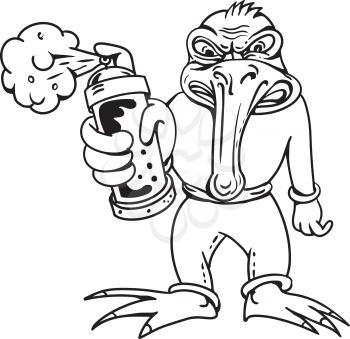 Cartoon style illustration of a kiwi bird graffiti artist holding and pointing a paint spray can viewed from front on isolated background in black and white.